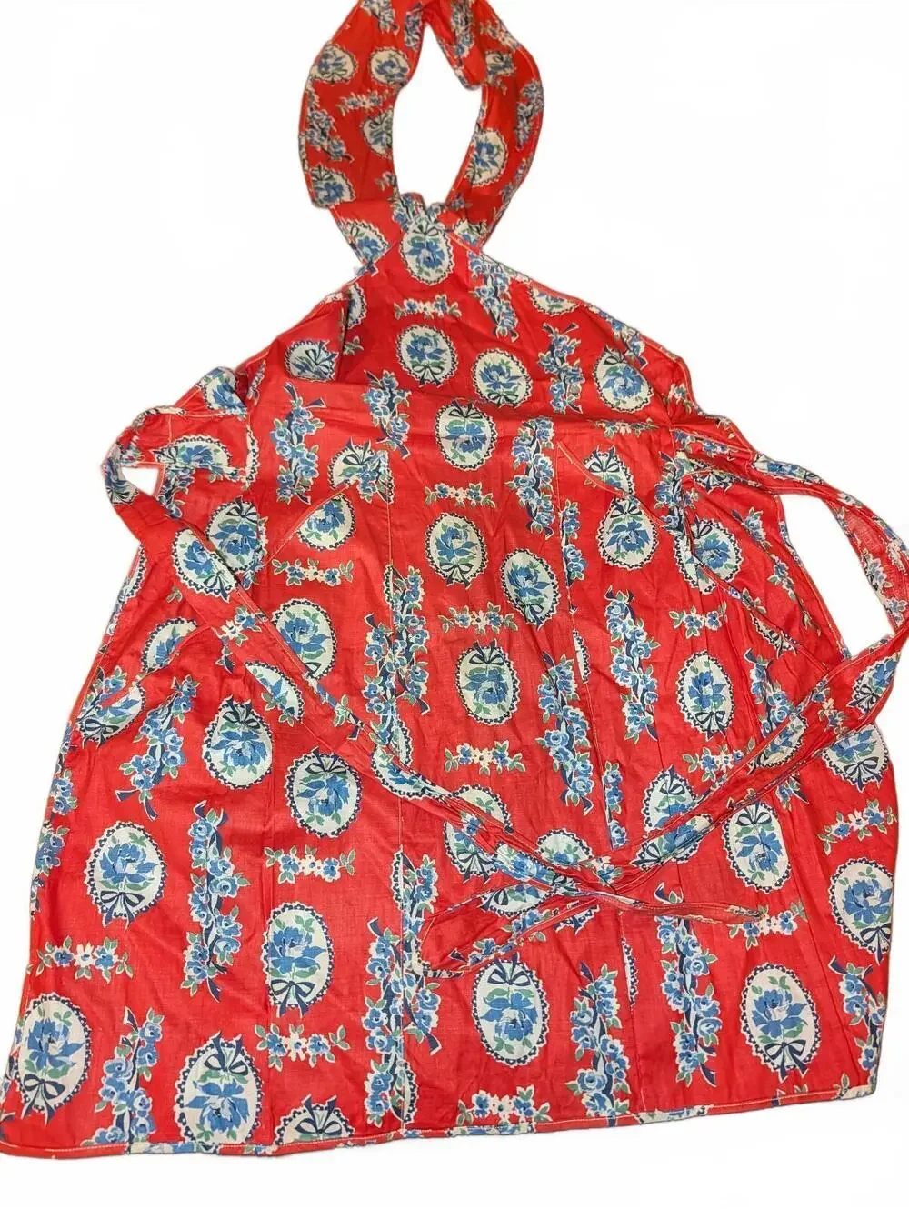 Red Floral Apron with Blue and White Pattern